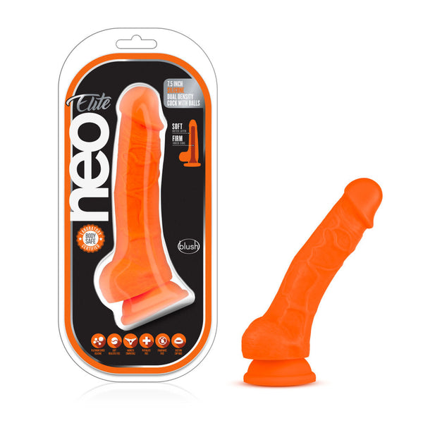 Neo Elite By Blush -  7.5 Silicone Dual Density Cock with Balls - Neon Orange